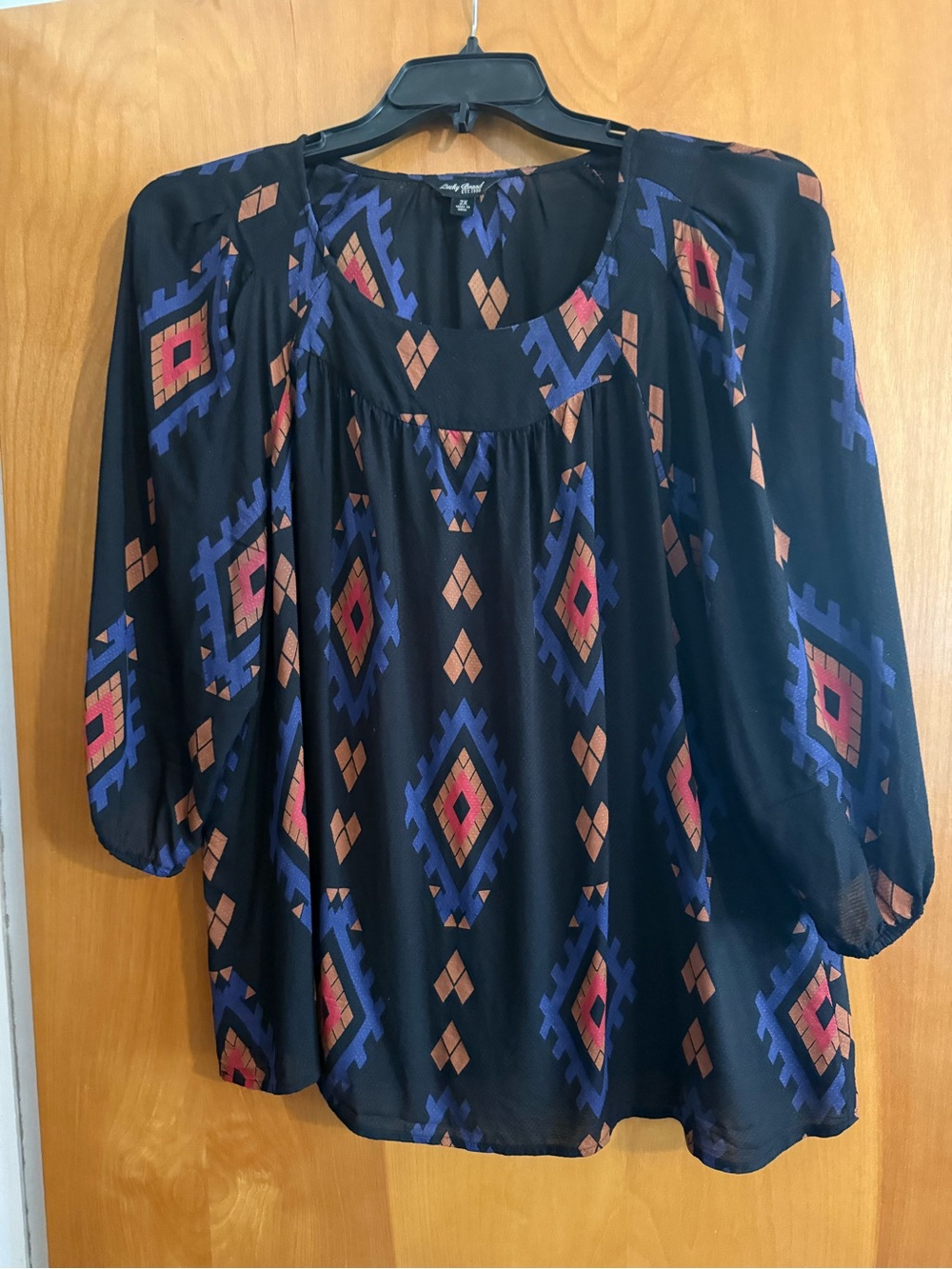 Lucky Brand Black Peasant Blouse with Blue and Coral Diamond Print